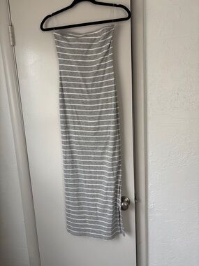 See You Monday Gray and White Striped Strapless Maxi Dress